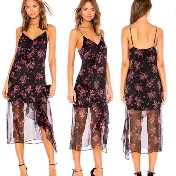 1. State Dresses & Skirts - 1.STATE Black Wildflower Ruffle Midi Dress Sleeveless V Neck Lined Size Medium